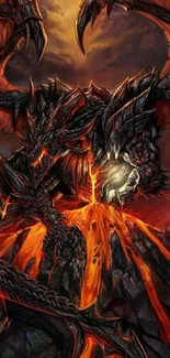 Epic dragon unleashes lava in fantasy phone wallpaper with dark red tones.