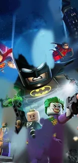 Colorful Lego Batman and villains wallpaper with city backdrop.