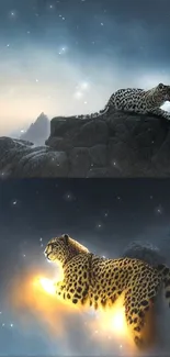 Epic leopard on mountain with mystical lighting.