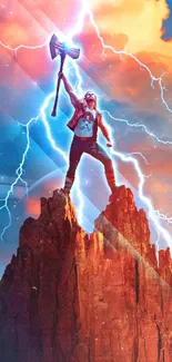 Heroic figure on mountain with lightning in a vibrant, dynamic art scene.