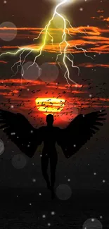 Angel silhouette at sunset with dramatic lightning strikes.