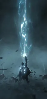 Dark hero summoning lightning in stormy sky.