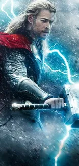 Epic superhero with lightning and hammer in this mobile wallpaper.