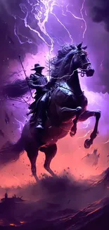 A silhouette of a rider on a horse with striking lightning in a vibrant purple sky.