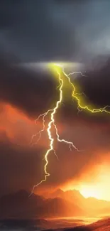 Epic lightning over fiery mountains wallpaper for mobile.