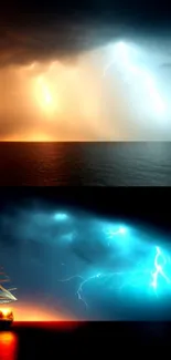 Dynamic lightning storm over the ocean at night, illuminating the sky.