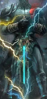 Epic mythical warrior stands amid glowing lightning, creating a powerful scene.