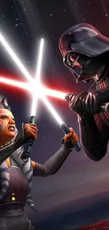 Epic sci-fi lightsaber duel illustration on mobile wallpaper.