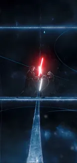 Epic lightsaber duel wallpaper with cosmic backdrop.