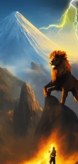 Majestic lion on a peak with lightning and mountain backdrop in vibrant colors.