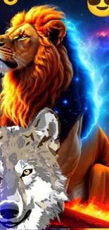 Epic lion and wolf on a vibrant cosmic background.