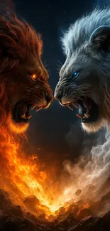 Epic duel of lions with fiery and icy effects.