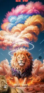 Epic fantasy wallpaper with lions and vibrant cosmic clouds.