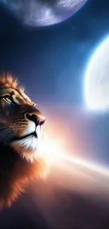 Majestic lion with cosmic background and planets.