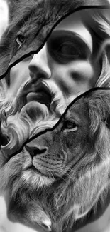 Grayscale wallpaper of a lion and mythical god intertwined in artistic design.