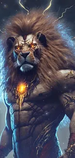 Anthropomorphic lion with glowing mane and mystical aura.