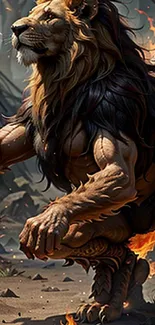 Epic lion warrior in dynamic pose with fiery background details.