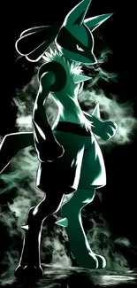 Silhouette of Lucario in a dynamic pose with teal and black tones.