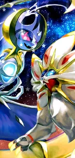 Vibrant Lunala and Solgaleo cosmic art on mobile wallpaper.