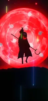 Anime warrior silhouette in front of a vivid red moon.