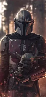 Mandalorian warrior holding alien child in forest.