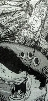 Epic black and white manga scene with a character riding a shark.