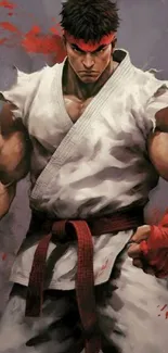 Martial artist in action with white gi and red gloves.