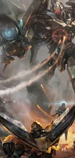 Epic battle scene with giant mechs and explosions.