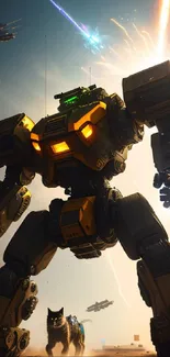 Giant mech in a sci-fi battle scene with explosions and dramatic lights.