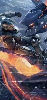 Epic mech fighting scene with fiery sword on blue-gray background.