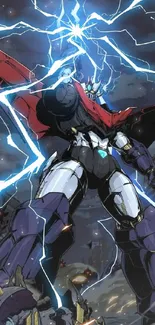 An epic mecha battle with lightning and futuristic armor in anime style.