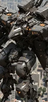 Epic mecha robot towering over a cityscape.