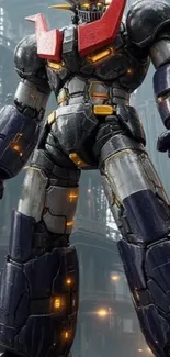 A colossal mecha robot in an industrial setting.