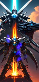 Futuristic mecha warrior with vibrant orange and blue accents in a dynamic pose.