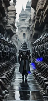 Medieval warrior walking through fantasy armored corridor with towering spires.