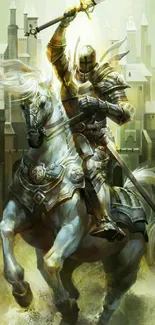 Epic knight on horseback in medieval landscape.