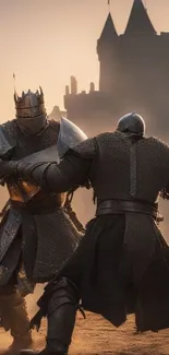 Two knights battle fiercely near a castle.