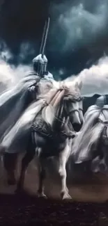 Medieval knights charging into battle under stormy skies.