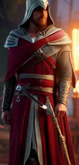 Medieval warrior in a red cloak with detailed armor.