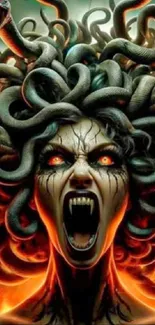 Epic depiction of Medusa with snakes and fiery colors.