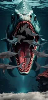 Megalodon with sharks in deep ocean wallpaper.