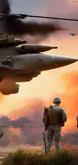 Military scene with helicopters at sunset on a battlefield.