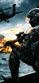 Soldier in action with helicopter and explosions in dramatic scene.