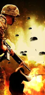 Military paratrooper amidst explosion with vibrant battle scene.