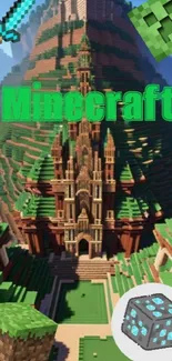 Minecraft castle phone wallpaper with game elements.