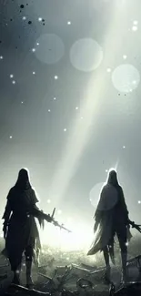 Silhouettes in a misty battlefield with dramatic light beams.