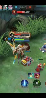 Epic mobile game scene with heroes engaged in a vibrant battle on a grassy field.