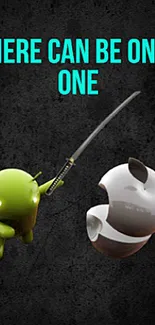 Android and Apple symbols in a sword duel on a dark background wallpaper.