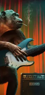 Monkey playing electric guitar on stage with colorful lights.