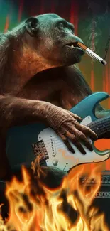 Monkey with guitar on fire in epic scene.